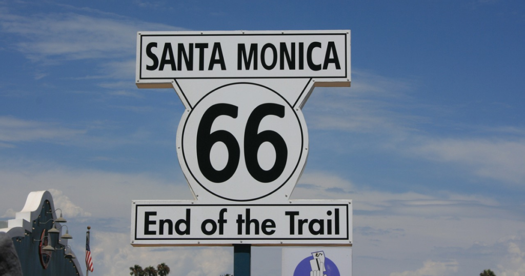 The well-known Route 66 sign at the Santa Monica Pier